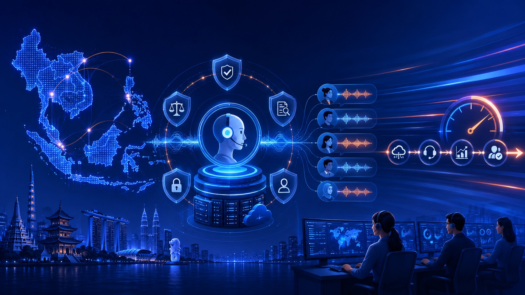 Illustration of a governed voice AI agent at the center of a Southeast Asia map, surrounded by compliance, security, and identity shields, routing multilingual conversations to a monitored contact center floor