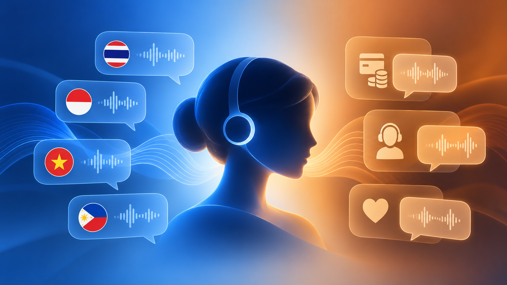 A silhouette of a customer-service agent wearing a headset, with Thai, Indonesian, Vietnamese, and Filipino flag chat bubbles carrying voice waveforms on one side, and payment, support, and care icons carrying voice waveforms on the other.