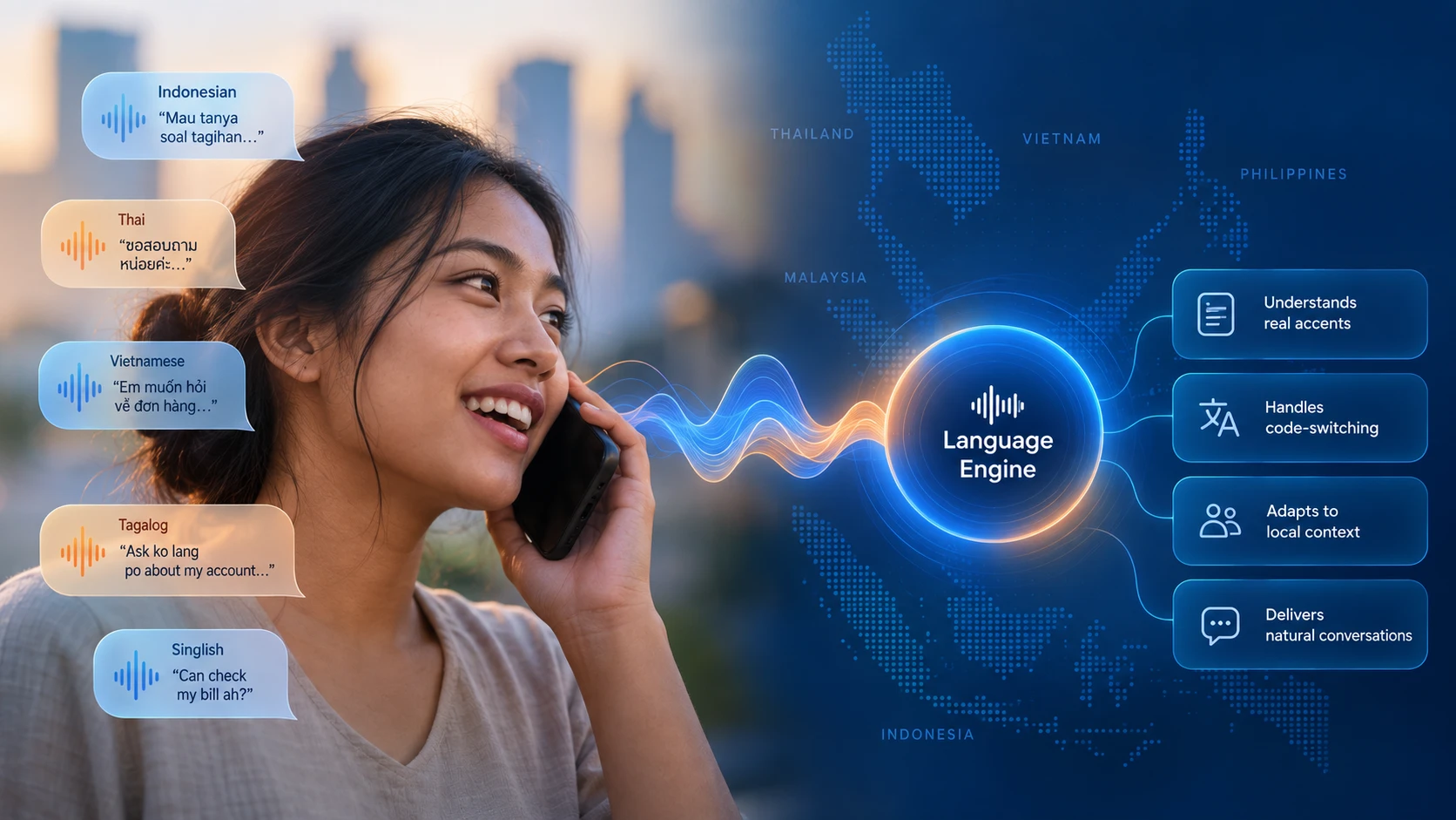 A woman on a phone call with speech bubbles in Indonesian, Thai, Vietnamese, Tagalog, and Singlish, each carrying a voice waveform, flowing into a Language Engine icon over a Southeast Asia map labelled Thailand, Vietnam, Philippines, Malaysia, and Indonesia, with callouts for understanding real accents, handling code-switching, adapting to local context, and delivering natural conversations.